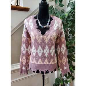Just Polly Cropped Fringe Purple Long Sleeve V-Neck Pullover Knit Sweater Medium